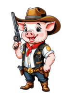 AI generated Pig in cowboy costume with revolver and hat on transparent background illustration png
