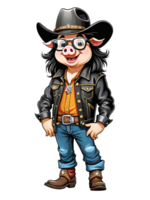 AI generated Cute cartoon pig in a leather jacket and hat on transparent background png