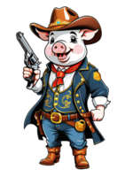 ai gegenereerd varken in cowboy kostuum met revolver en hoed Aan transparant achtergrond illustratie png