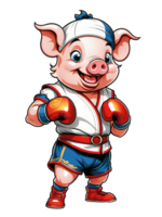 AI generated cartoon pig in boxing gloves illustration on transparent background png