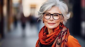 ai generado un hermoso, elegante mayor mujer con gris pelo y lentes mira a el cámara. exterior, borroso antecedentes. bandera con sitio Copiar espacio foto