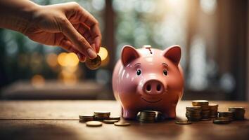 AI generated Man putting coin into piggy bank at home photo