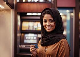 AI generated Arab Lady with bank credit card, infant of the ATM machine. photo