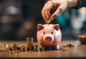 AI generated Man putting coin into piggy bank at home photo