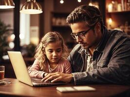 ai generado padre enseñando su hija acerca de computadora. foto