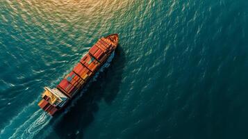 AI generated Aerial view container cargo ship, import export commerce business trade logistic and transportation of International by container cargo ship boat in the open sea, Ai generated. photo