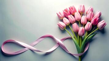ai generado parte superior ver de polvo rosado tulipán ramo de flores con infinito cinta en blanco antecedentes foto