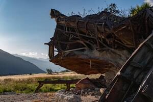 Bus destroyed by avalanche in the town of Yungay, left as a monument in memory of the deceased. photo