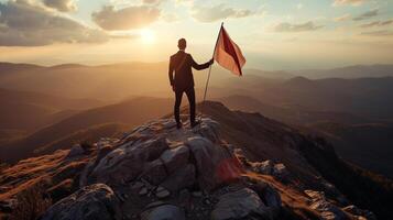 AI generated Businessman standing top of mountain and hand holding winner orange flag, Back view shot, Success concept, Ai generated. photo