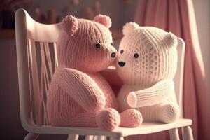 AI generated Couple pink teddy bears hugging on chair, Valentine's day concept. Generative AI photo