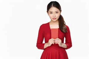 ai generado un mujer en un tradicional chino vestir participación un rojo sobre foto