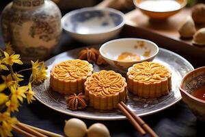 AI generated Traditional Chinese skin mooncakes for mid autumn festival with fruit, taro and matcha paste photo