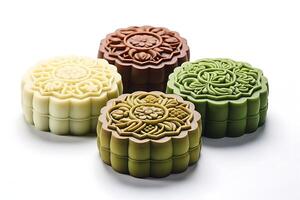 AI generated Traditional Chinese skin mooncakes for mid autumn festival with fruit, taro and matcha paste photo