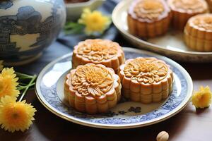 AI generated Traditional Chinese skin mooncakes for mid autumn festival with fruit, taro and matcha paste photo