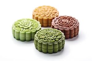 AI generated Traditional Chinese skin mooncakes for mid autumn festival with fruit, taro and matcha paste photo