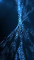 verticaal video - abstract beweging achtergrond animatie met een vloeiende blauw fractal licht Golf van gloeiend blauw licht deeltjes en lens gloed. Ondiep diepte van veld- bokeh.