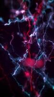 vertical vídeo - mágico brillante rojo y azul ligero vigas y explotando espumoso partículas bucle, lleno hd movimiento antecedentes animación. video