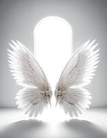 AI generated Two white wings against the background of a white wall with an opening. photo