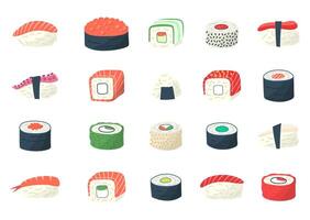 Cartoon Color Sushi Icon Set. Vector