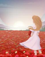 Cartoon Color Character Person Woman Enjoys Landscape Scene Concept. Vector