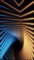 Vertical video - twisting blue and gold glowing neon light beams abstract background animation.