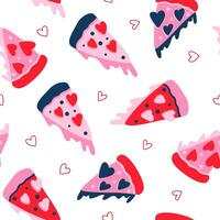 Pizza heart seamless pattern in pink and blue colors for Valentines day. Vector romantic repeat background, lovely print, modern slice of pizza, funny wallpaper, textile design, wrap paper, package.