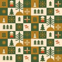 Geometric Christmas seamless pattern made from simple geometry Christmas tree, snowflakes. Vector green and golden mosaic winter holiday repeat background, wallpaper, package design, wrapping paper.