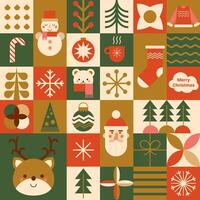 Geometric mosaic Christmas seamless pattern, abstract square print with geometry icons - Santa, bear, deer, candy stick, Christmas, tree, snowflake, snowman. Vector red, green, golden wallpaper.