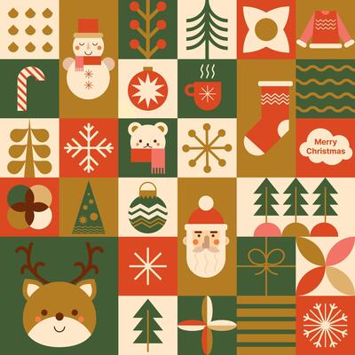 Geometric mosaic Christmas seamless pattern, abstract square print with geometry icons - Santa, bear, deer, candy stick, Christmas, tree, snowflake, snowman. Vector red, green, golden wallpaper.