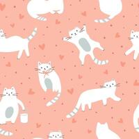 Pink romantic cats seamless pattern for cute Valentines day or National pet day print with love, heart, polka dot ornament. Vector funny kitty repeat background, hand drawn wallpaper, textile design