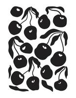 Contemporary fruits print with cherry berry, curvy leaves. Abstract black and white organic botanical poster. Vector card in minimal style. Trendy gallery art Illustration, banner, flyer, template.