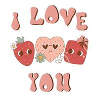 Pink groovy Happy Valentines Day retro lettering element with cute retro characters strawberry, heart with eyes, gift isolated on white. 14 February typography vector letters in vintage 70s, 60s style