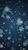 Vertical video - ornate snowflakes, shiny golden stars and glittering snow particles on a festive dark blue background. This Winter snow, Christmas background animation is full HD and a seamless loop.