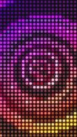 Vertical video - shiny glowing neon disco LED lights retro background. 1970s colorful spinning spiral circles of light. Full HD motion background animation.