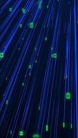 Vertical video - a high speed stream of blue fiber optic digital data light beams with flashing green binary code ones and zeros. Full HD and looping computer technology background.