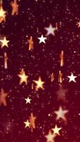 vertical vídeo - brilhante dourado estrelas e cintilante ouro Estrela partículas em a elegante vermelho gradiente fundo. isto luxo chamativo animação é adequado Como a prêmios cerimônia ou talento mostrar fundo. video