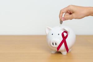 diciembre mundo SIDA día y múltiple mieloma cáncer conciencia mes, borgoña rojo cinta con cerdito banco para apoyo enfermedad vida. salud, donación, caridad, campaña, dinero ahorro y fondo concepto foto