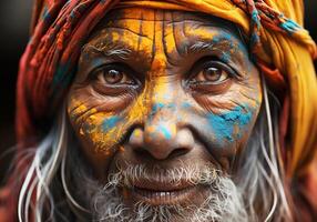 ai generado retrato de grave indio hombre a holi festival en India. tradiciones y cultura. foto