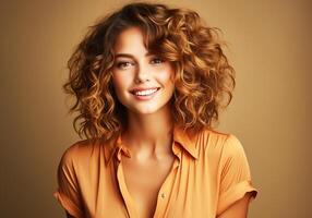 AI generated Beautiful woman with long curly hair. Woman's Day. photo