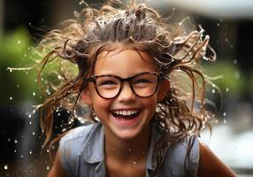 ai generado retrato de niña debajo pesado lluvia. lluvioso clima foto