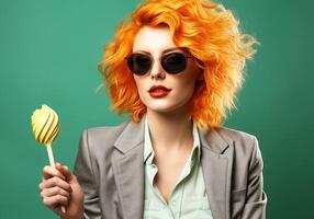 ai generado mujer con moderno estilo, comiendo hielo crema. estudio hora foto