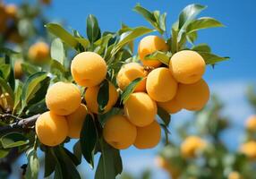 AI generated Ripe and juicy yellow plums hanging on tree with blue sky. Healthy food. photo