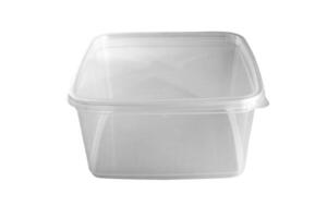 Transparent plastic food box isolated on white background photo