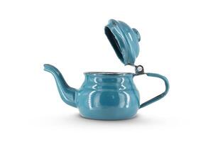 Vintage metal old blue kettle isolated on white background photo