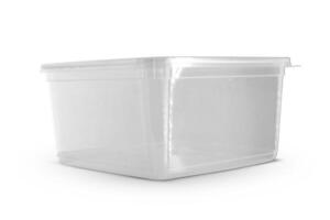 Transparent plastic food box isolated on white background photo