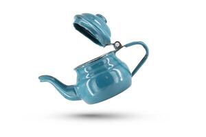 Vintage metal old blue kettle isolated on white background photo