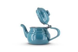 Vintage metal old blue kettle isolated on white background photo