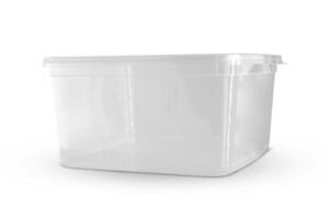 Transparent plastic food box isolated on white background photo