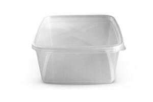 Transparent plastic food box isolated on white background photo