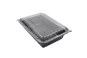 Plastic Food Packaging Tray With Clear Plastic Cover isolated on white background photo